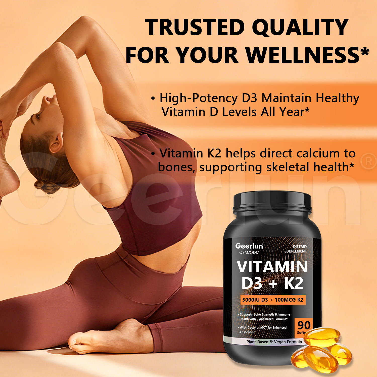 Woman doing advanced yoga pose with Geerlun vitamin D3 K2 softgels bottle, trusted quality for wellness, plant-based vegan formula for active bone health..png