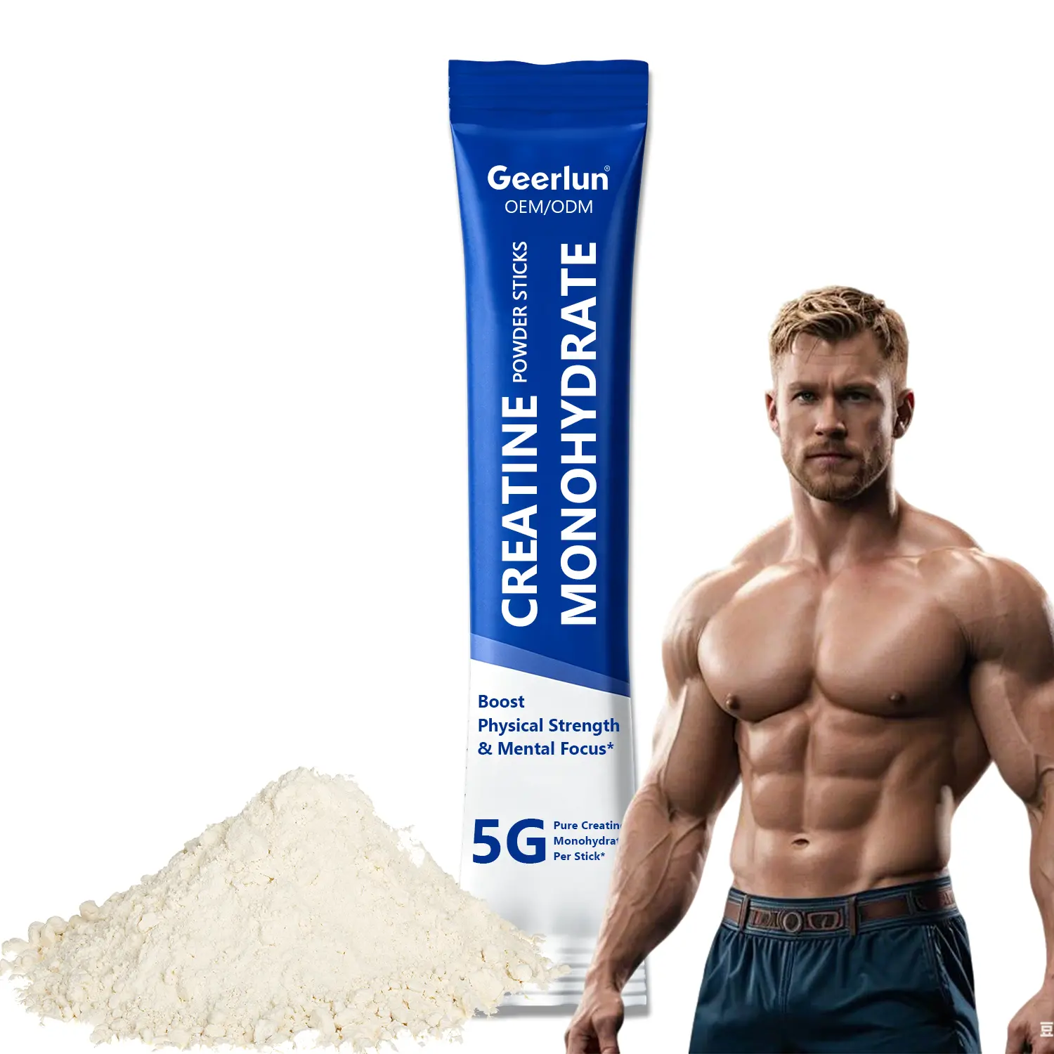 Muscular male athlete doing dumbbell press in gym, Geerlun creatine monohydrate powder sticks 5g pure, pure creatine monohydrate boost strength stamina recovery, OEMODM private label supplement..png