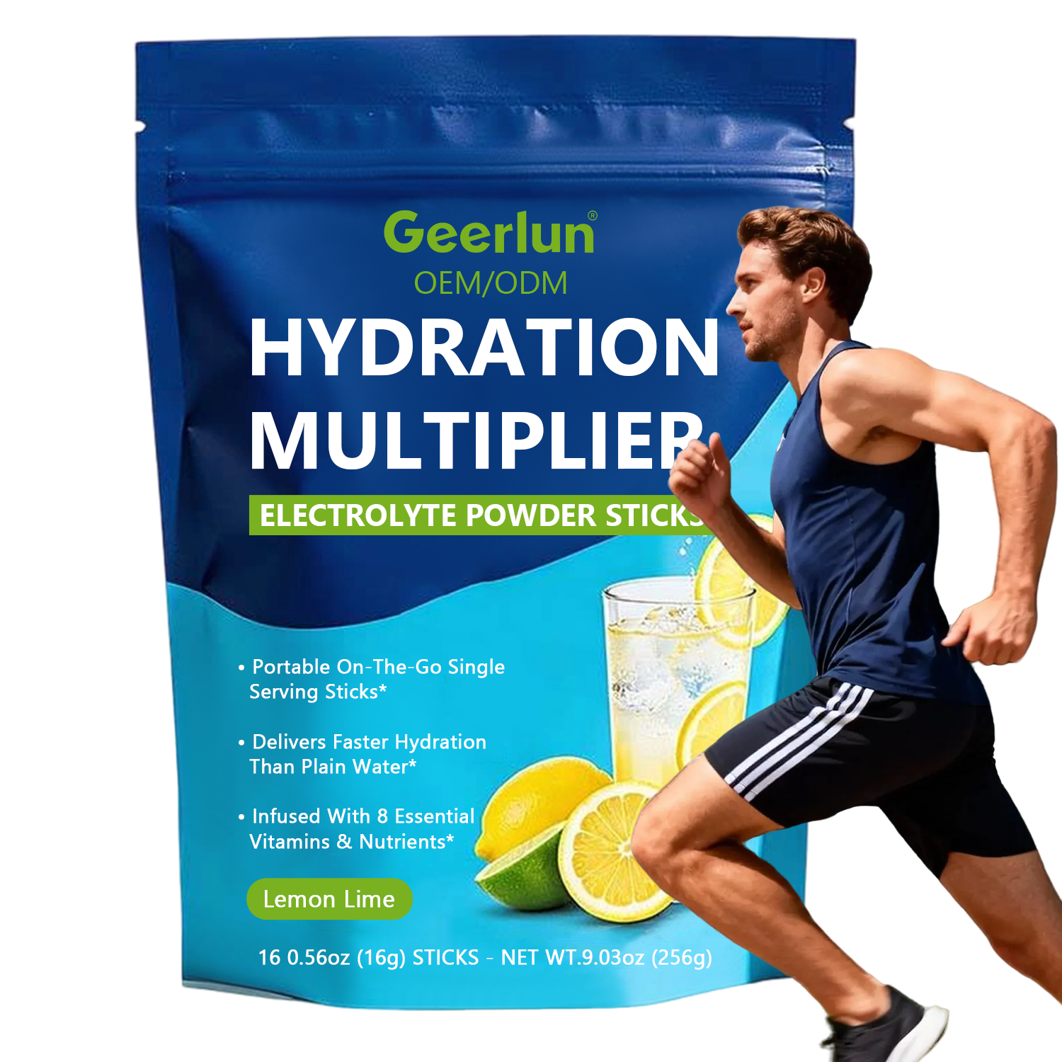 Geerlun hydration multiplier lemon lime electrolyte powder sticks pouch front view, single serve 16 sticks, portable on-the-go, faster hydration than plain water, OEMODM private label supplement..png