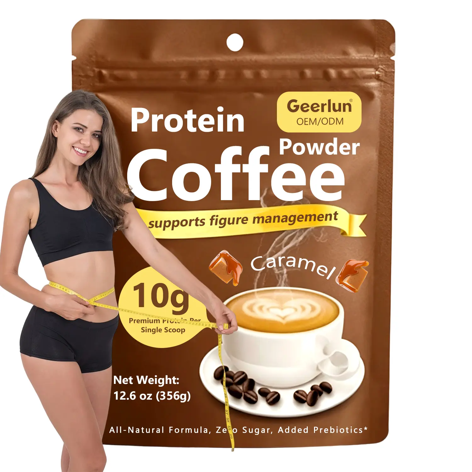 Woman measuring waist with tape beside Geerlun caramel protein coffee powder pouch, 10g protein per scoop assists steady body shape management and smooth intestinal movement..png