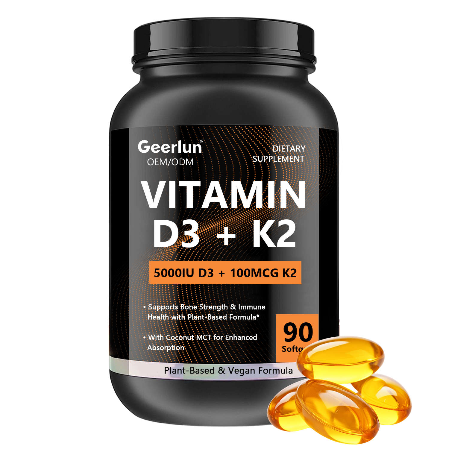 Geerlun OEM vitamin D3 K2 softgels 5000IU 100mcg in black bottle, plant-based vegan formula with coconut MCT, 90 softgels for private label buyers..png