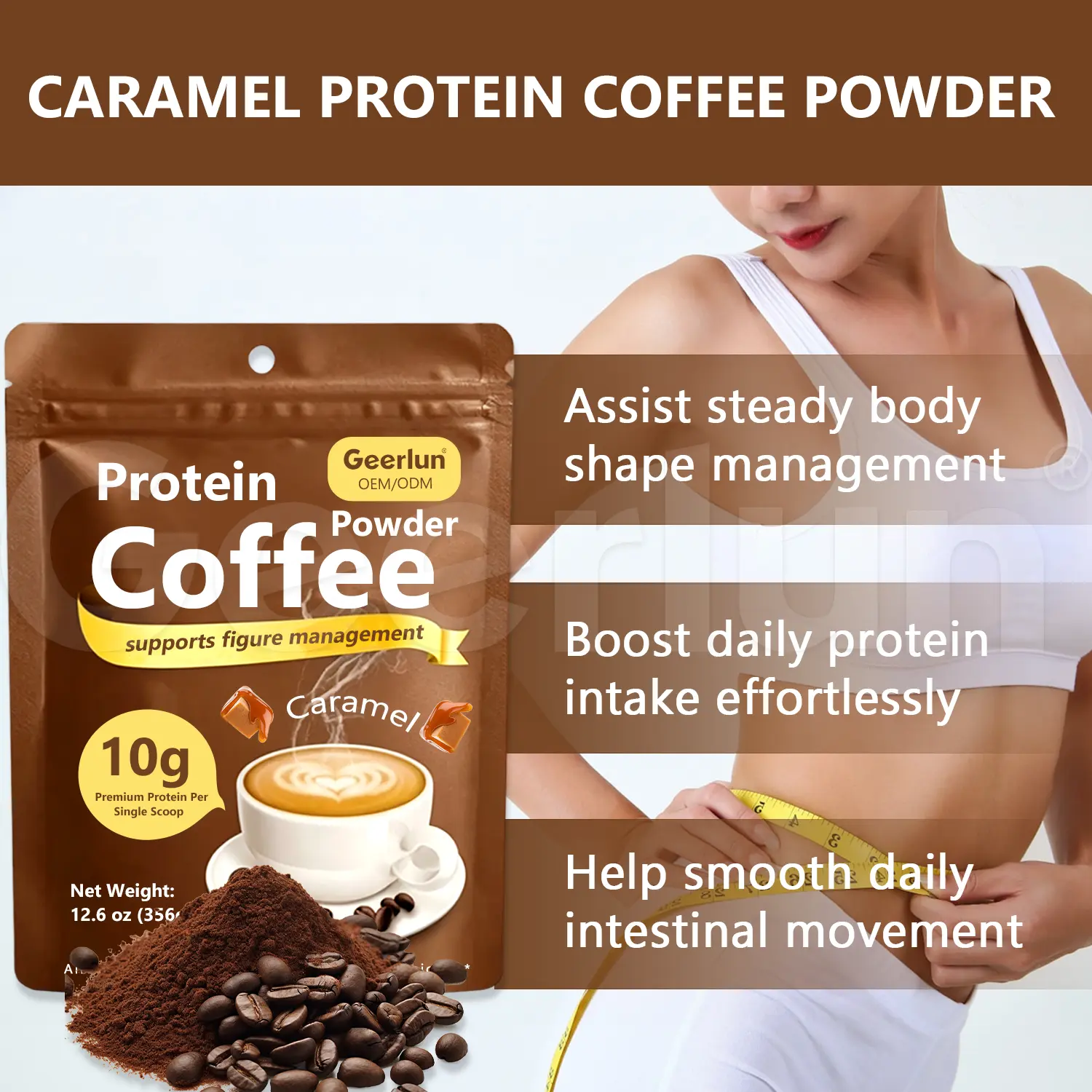 Fitness woman measuring waist with tape next to protein coffee powder pouch, 10g protein per single scoop boosts daily protein intake effortlessly for figure management..png