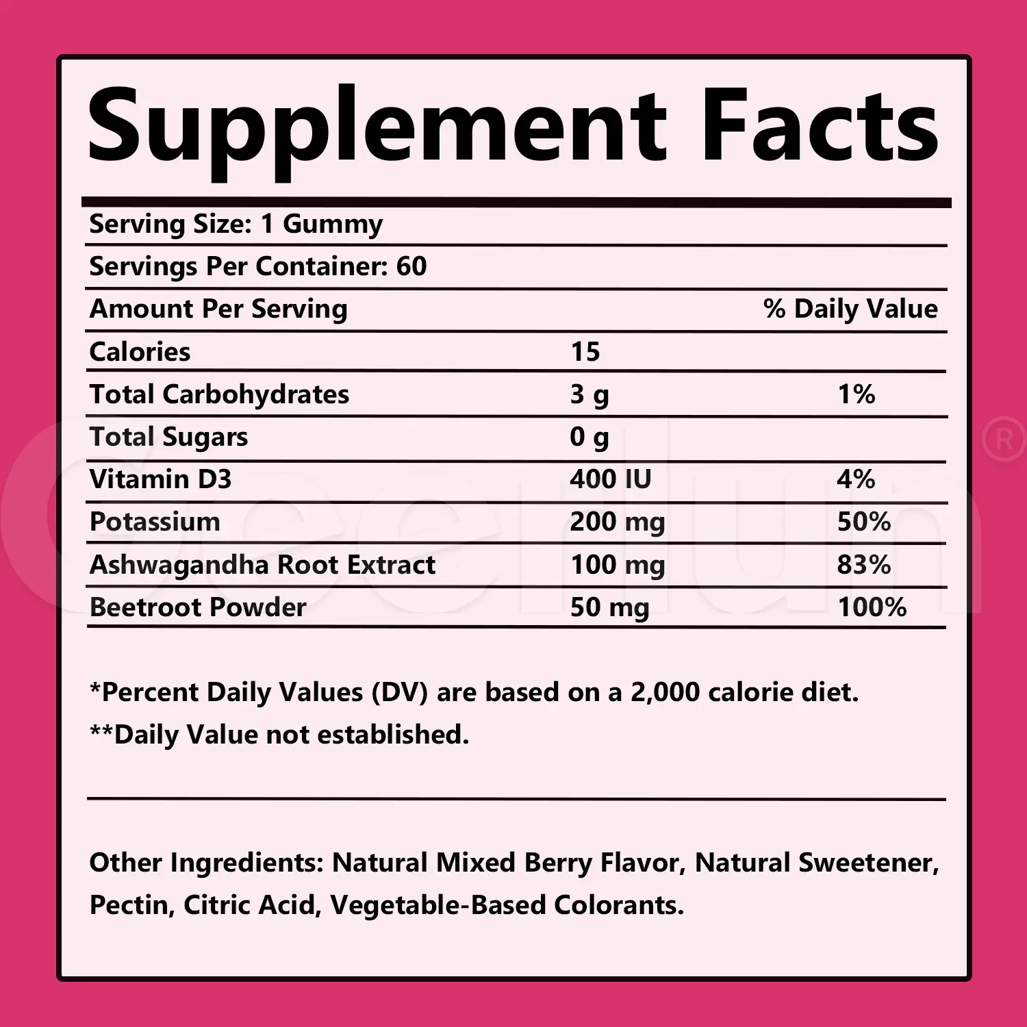 Supplement Facts panel for private label ashwagandha gummies, 1 gummy serving, 15 calories, 0g sugar, ashwagandha root extract 100mg, beetroot 50mg, natural mixed berry flavor, pectin and vegetable colorants.png