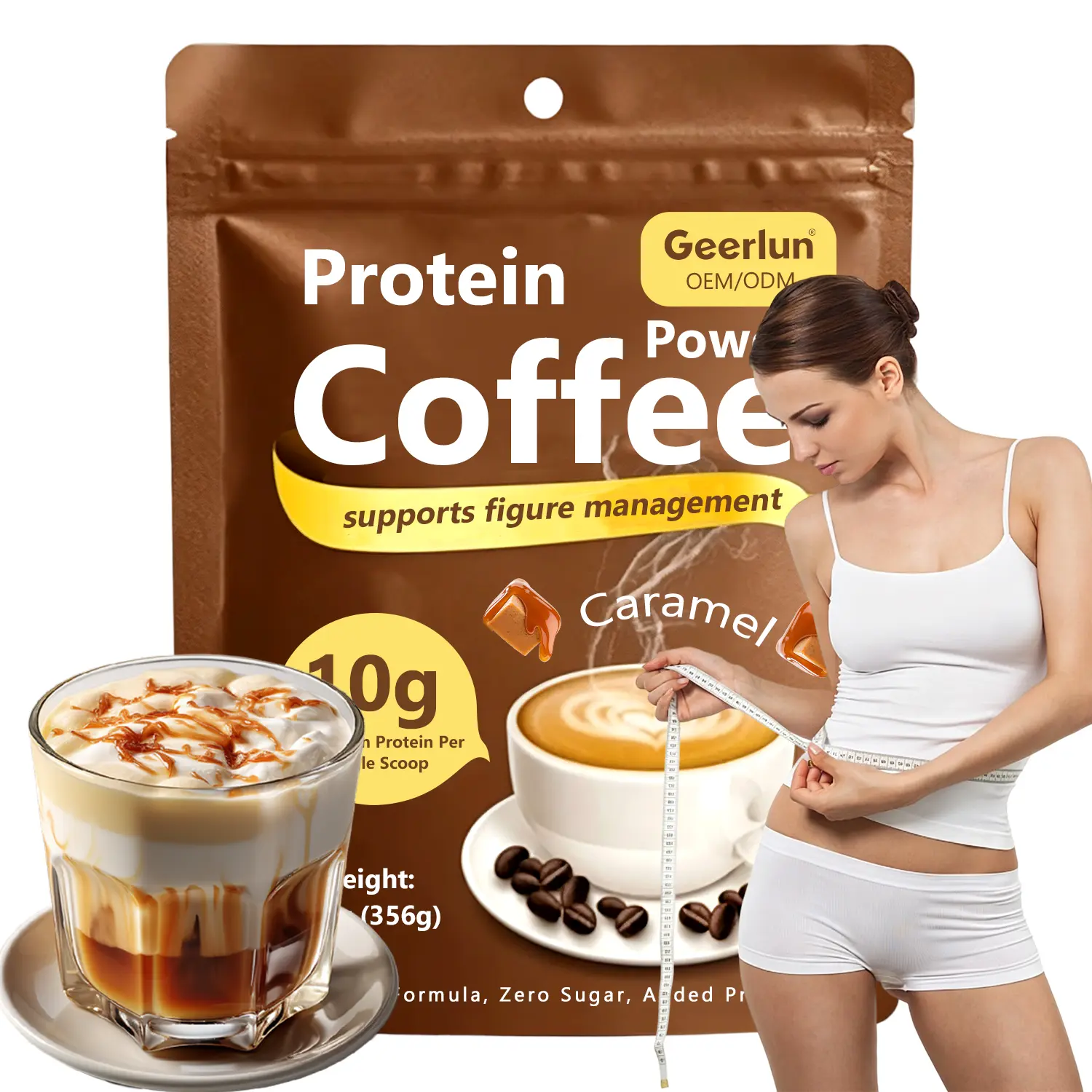 Caramel protein coffee powder pouch front view with 10g protein badge and figure management claim, Geerlun OEMODM private label zero sugar formula with prebiotics..png