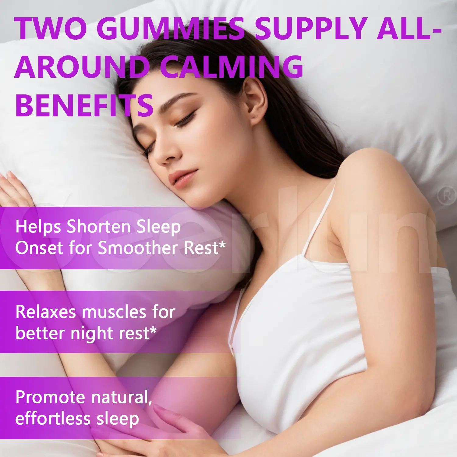 Woman sleeping on white pillow, text reads two gummies supply all-around calming benefits, helps shorten sleep onset relaxes muscles promote natural effortless sleep, magnesium gummies for restful night..png