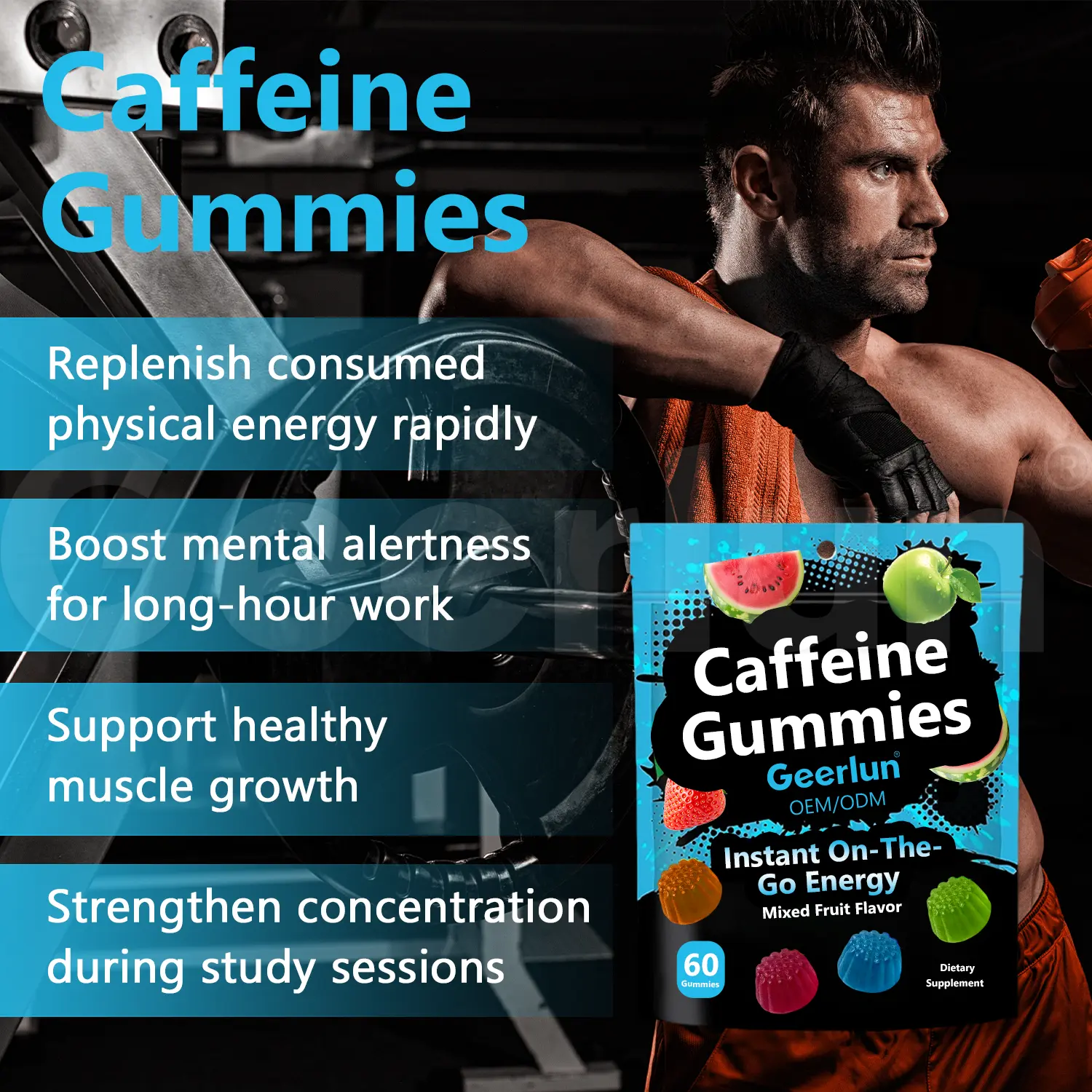 Male athlete in gym with Geerlun caffeine gummies, replenish physical energy rapidly boost mental alertness support muscle growth strengthen concentration..png