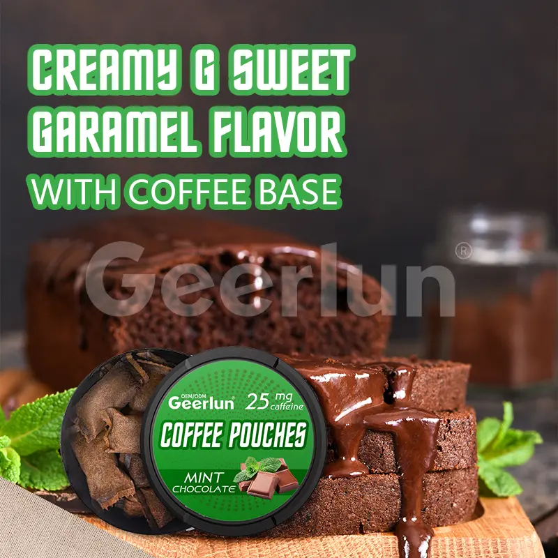Coffee pouches creamy sweet caramel flavor with coffee base mint chocolate chocolate cake background.jpg