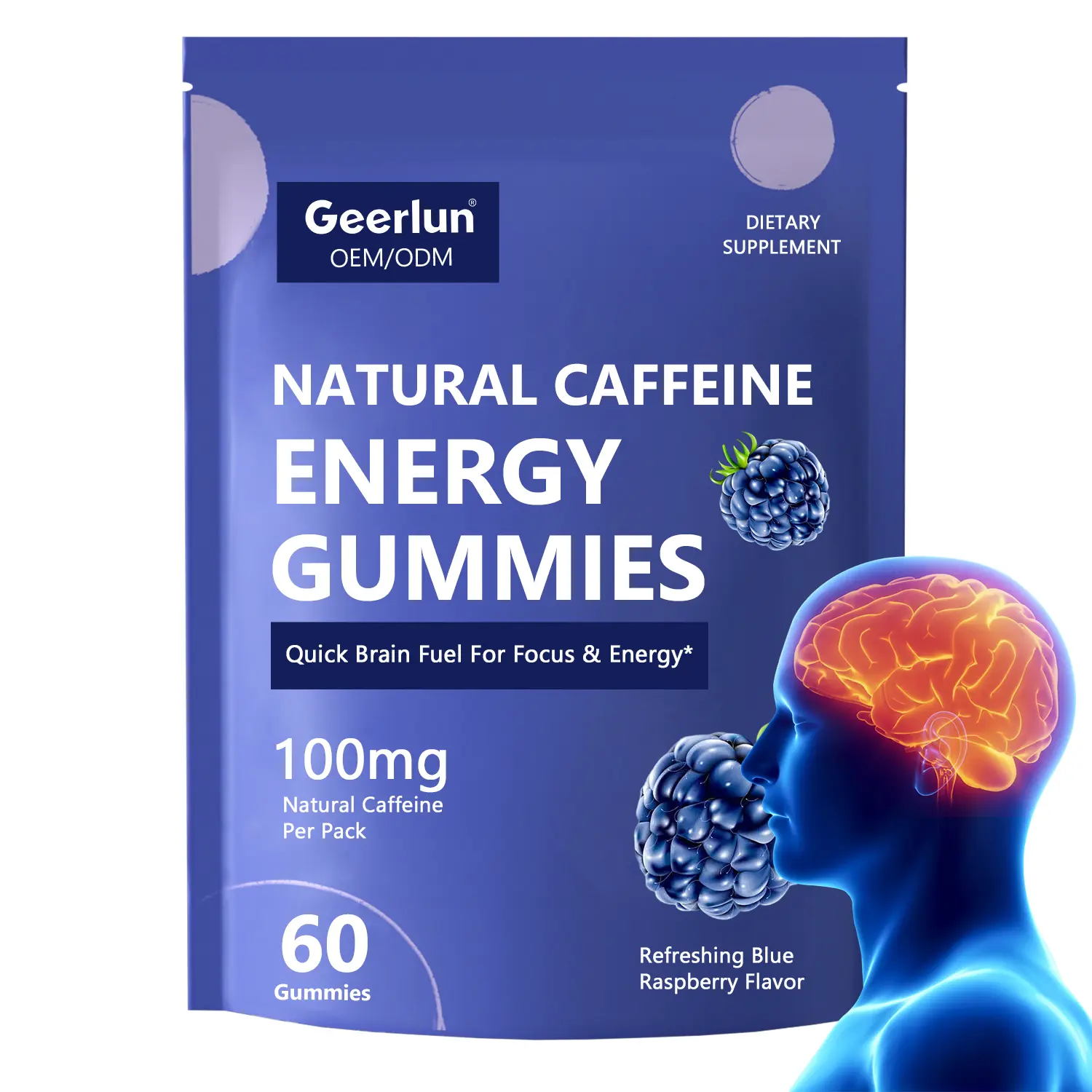 Tired man in office pinching nose with glasses, Geerlun natural caffeine energy gummies pouch beside him, portable brain fuel for all-day alertness, OEMODM private label supplement..png
