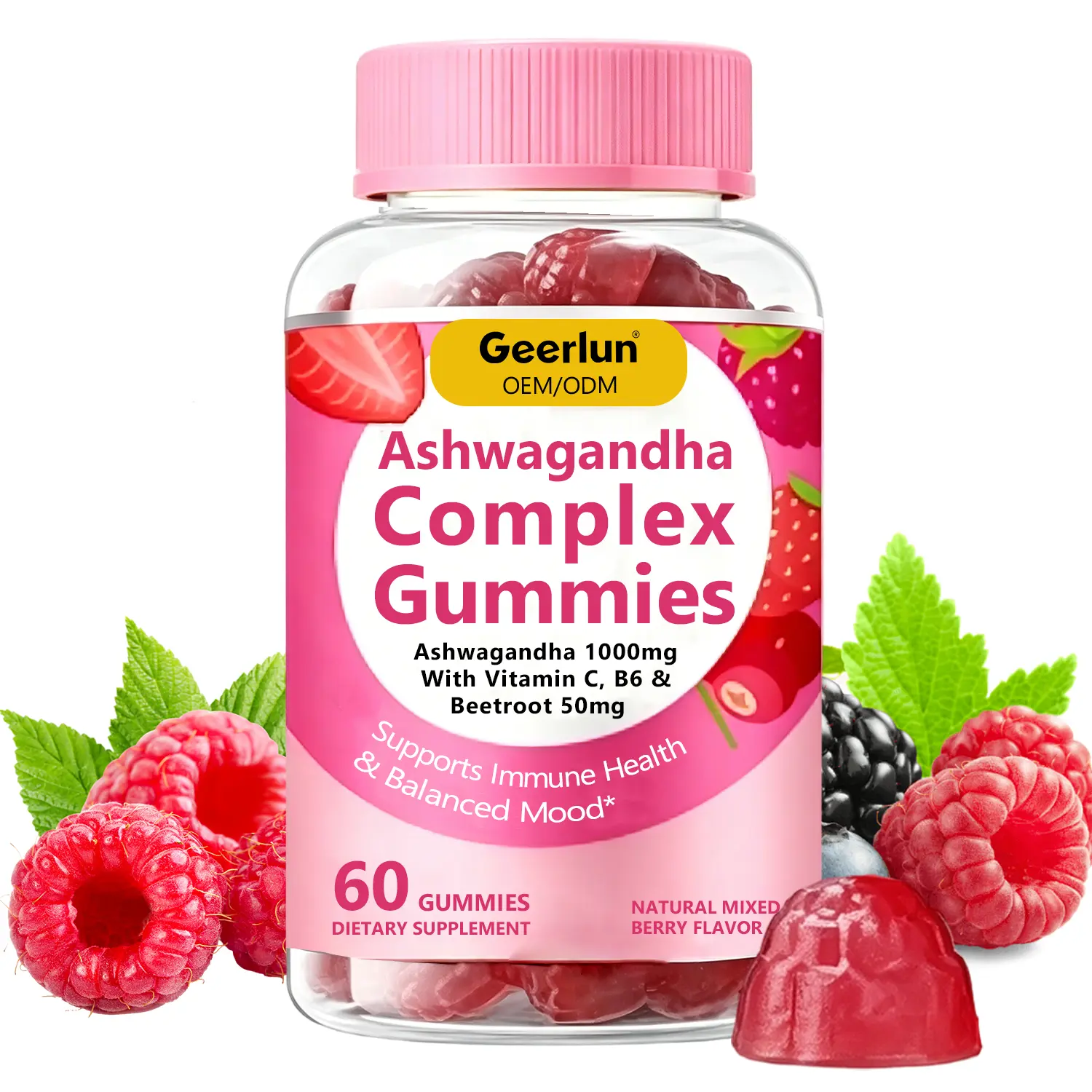Geerlun OEM ashwagandha complex gummies 60 count bottle, red gem-shaped gummies with natural mixed berry flavor, woman holding gummy, Ashwagandha 1000mg with Vitamin C B6 Beetroot..png