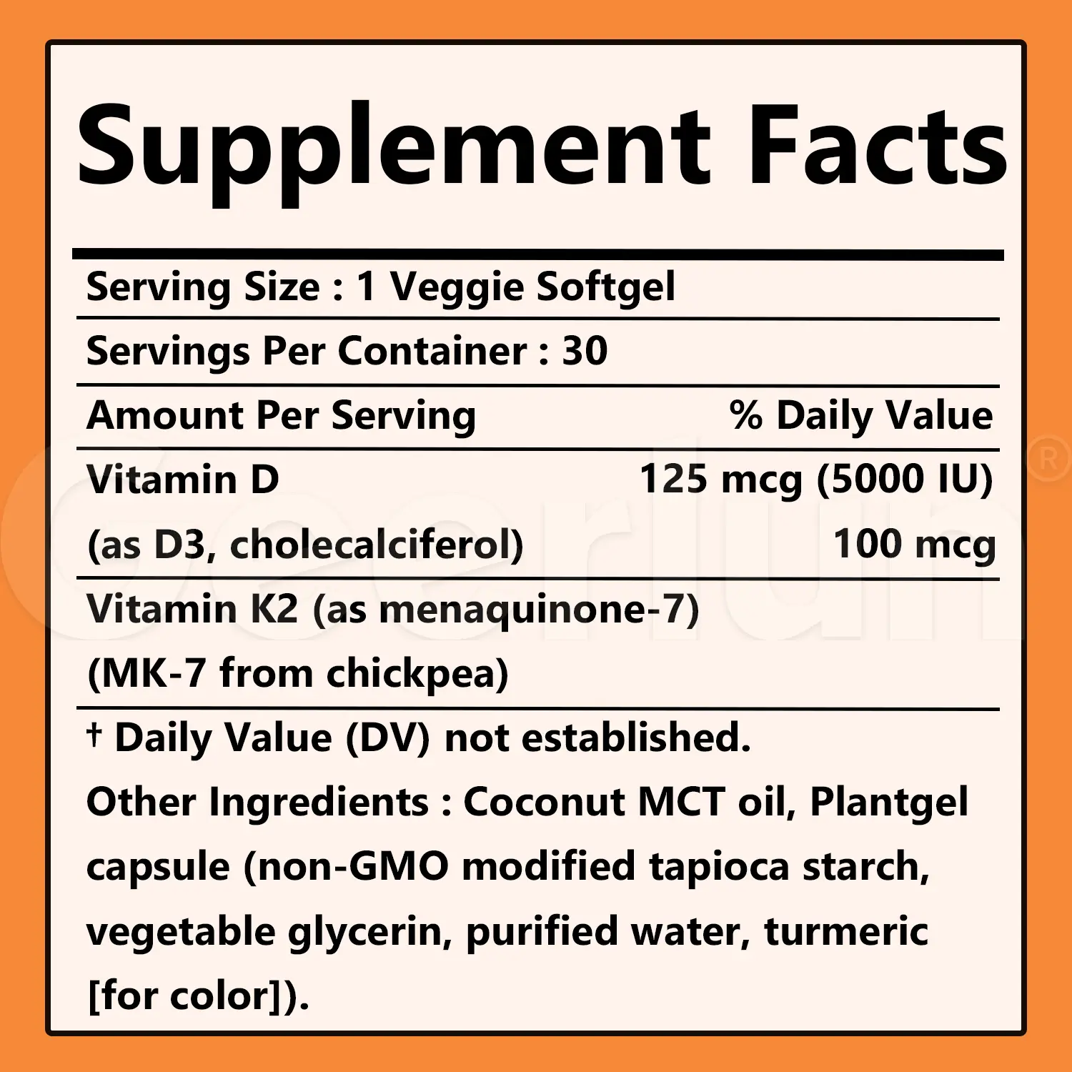 Supplement Facts label for vitamin D3 K2 softgels, serving size 1 veggie softgel, 5000IU D3 plus 100mcg K2 MK-7 from chickpea, coconut MCT oil plantgel capsule..png
