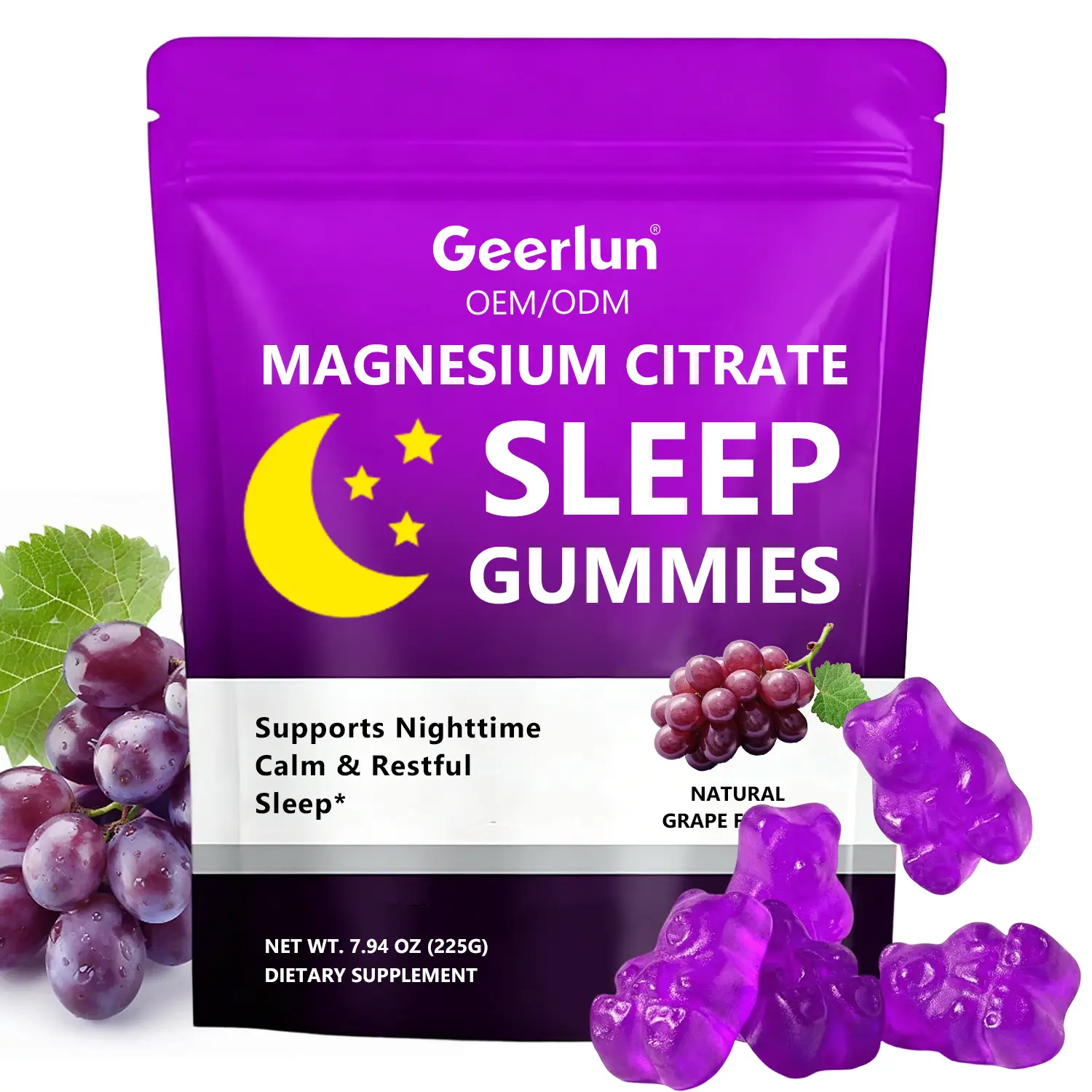 Geerlun OEM magnesium citrate sleep gummies purple resealable pouch, crescent moon and stars, natural grape flavor, supports nighttime calm and restful sleep, 7.94oz 225g..png