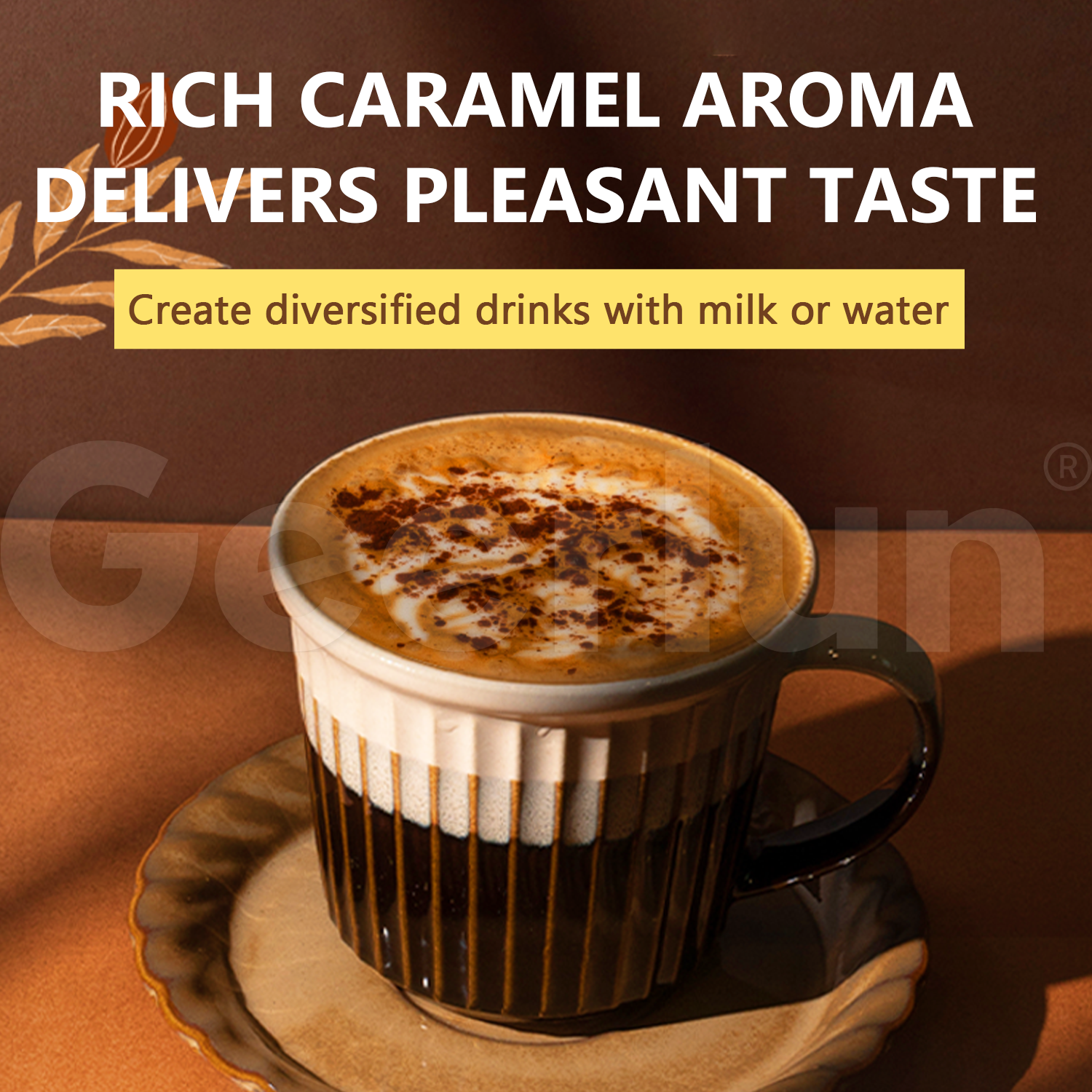Rich caramel aroma protein coffee in ceramic mug with latte art foam, mix with milk or water for diversified drinks, premium protein coffee powder for daily wellness..png