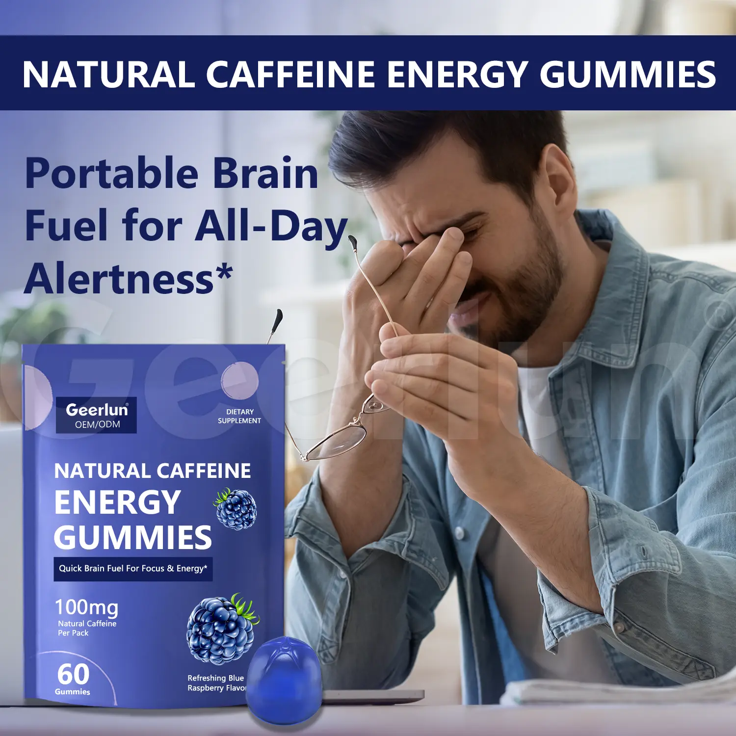 Tired professional man holding glasses at desk, Geerlun natural caffeine energy gummies pouch, 100mg caffeine per pack, 60 gummies, quick brain fuel for focus and energy..png