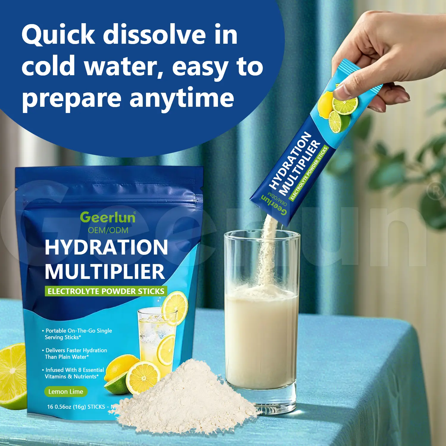 Hand pouring Geerlun electrolyte powder from single stick into glass with lemon lime, quick dissolve in cold water, hydration multiplier powder sticks for faster recovery, OEM private label supplement..png
