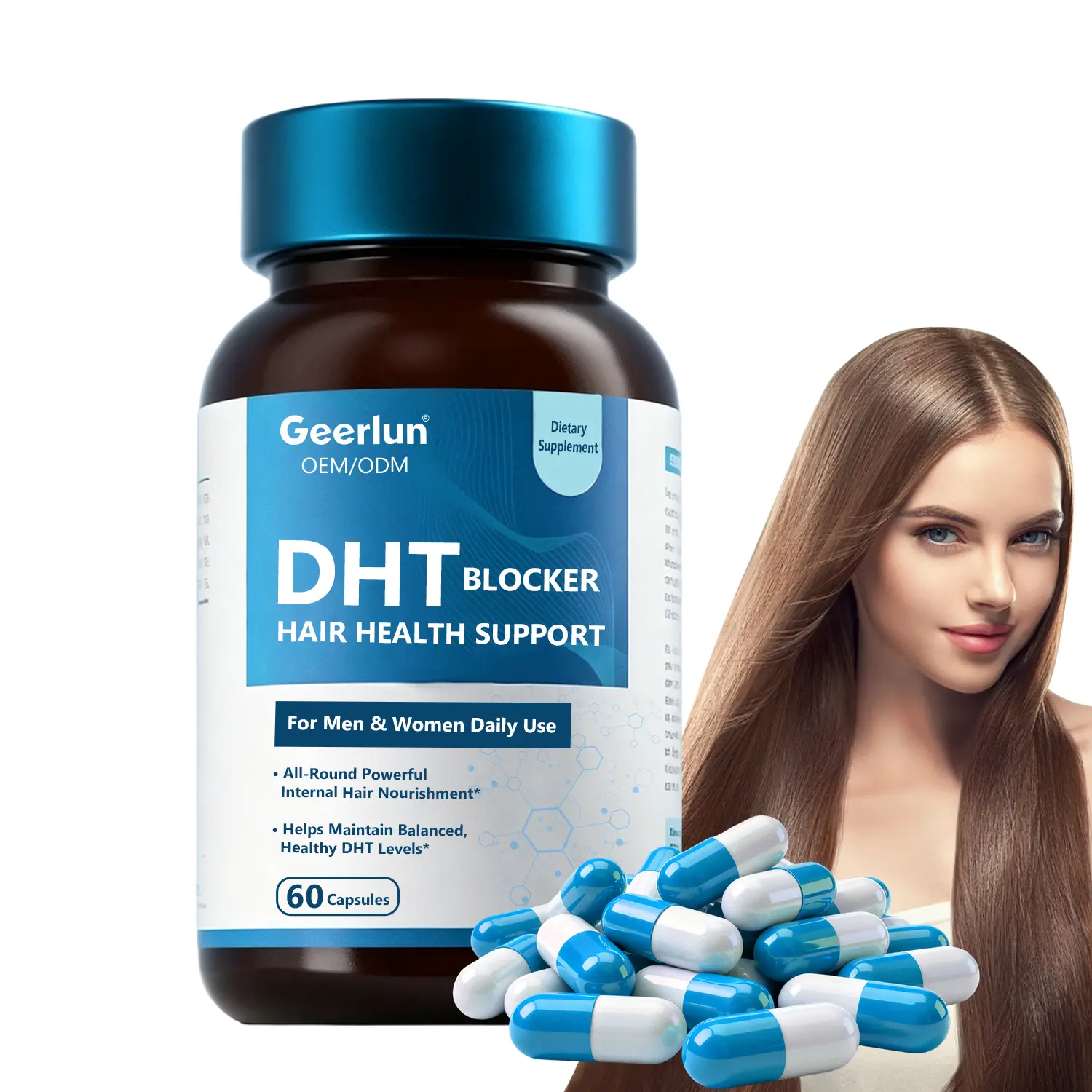 Geerlun DHT blocker hair health support capsules bottle and box front view, blue and white capsules, all-round powerful internal hair nourishment, OEMODM private label dietary supplement..png