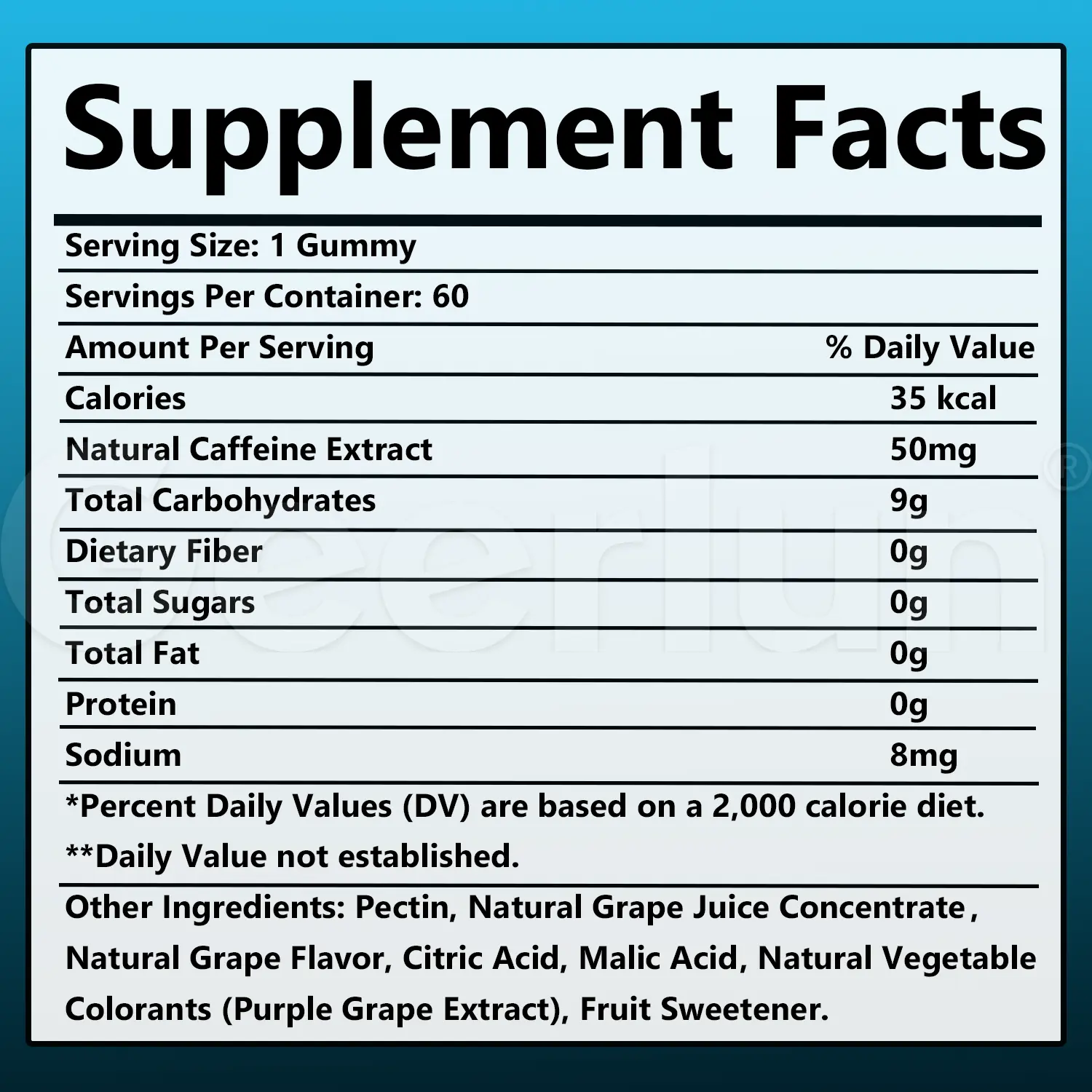 Supplement Facts for caffeine gummies, serving size 1 gummy, 60 servings, 50mg natural caffeine extract, 35 calories, 0g sugar, pectin based vegan formula..png
