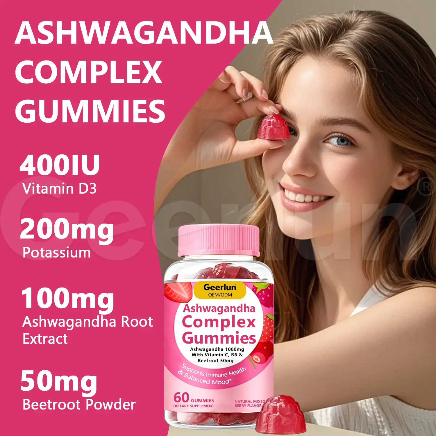 Close-up of Geerlun ashwagandha complex gummies bottle and red gem-shaped gummies, OEM private label supplement, 400IU Vitamin D3, 200mg potassium, 100mg ashwagandha root extract, 50mg beetroot powder..png