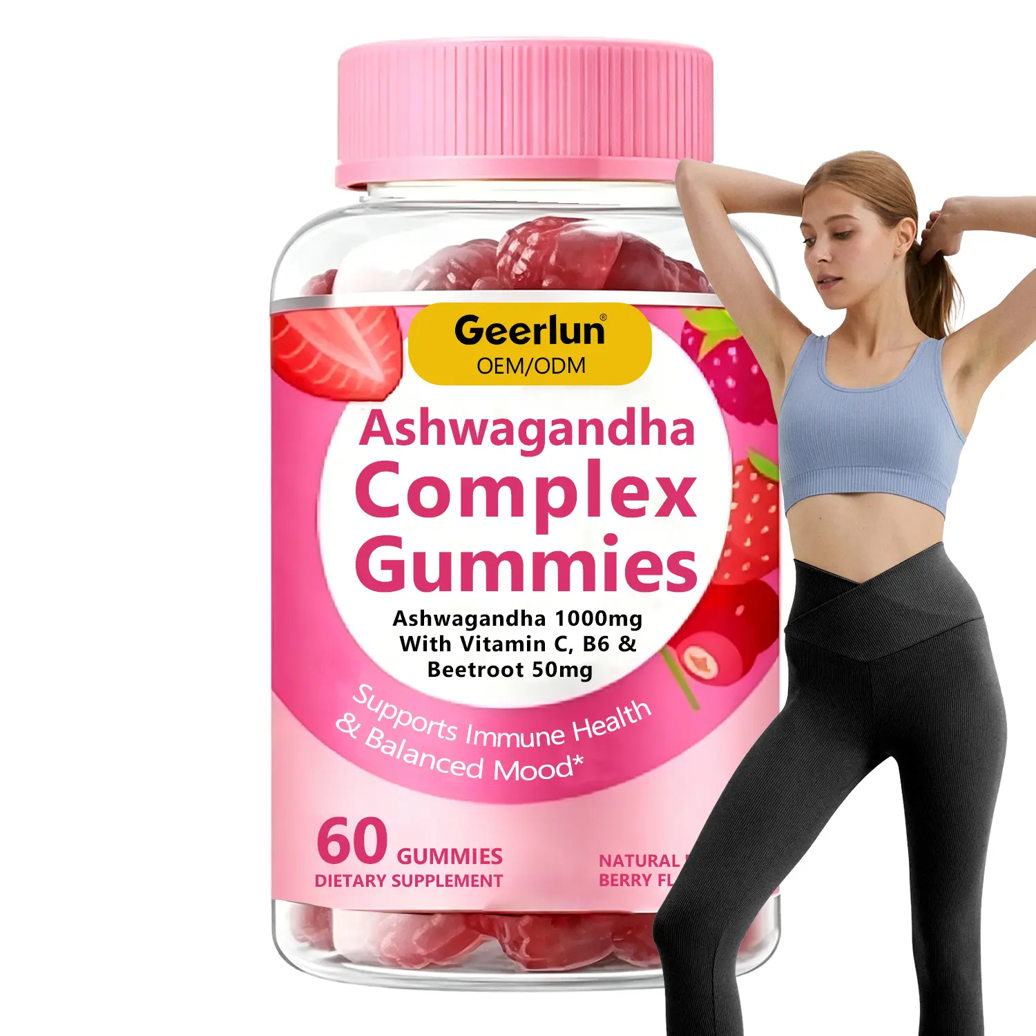 Supplement Facts for ashwagandha gummies, serving size 1 gummy, 60 servings, zero sugar, Vitamin D3 400IU, Potassium 200mg, Ashwagandha Root Extract 100mg, Beetroot Powder 50mg, pectin-based vegan formula..png