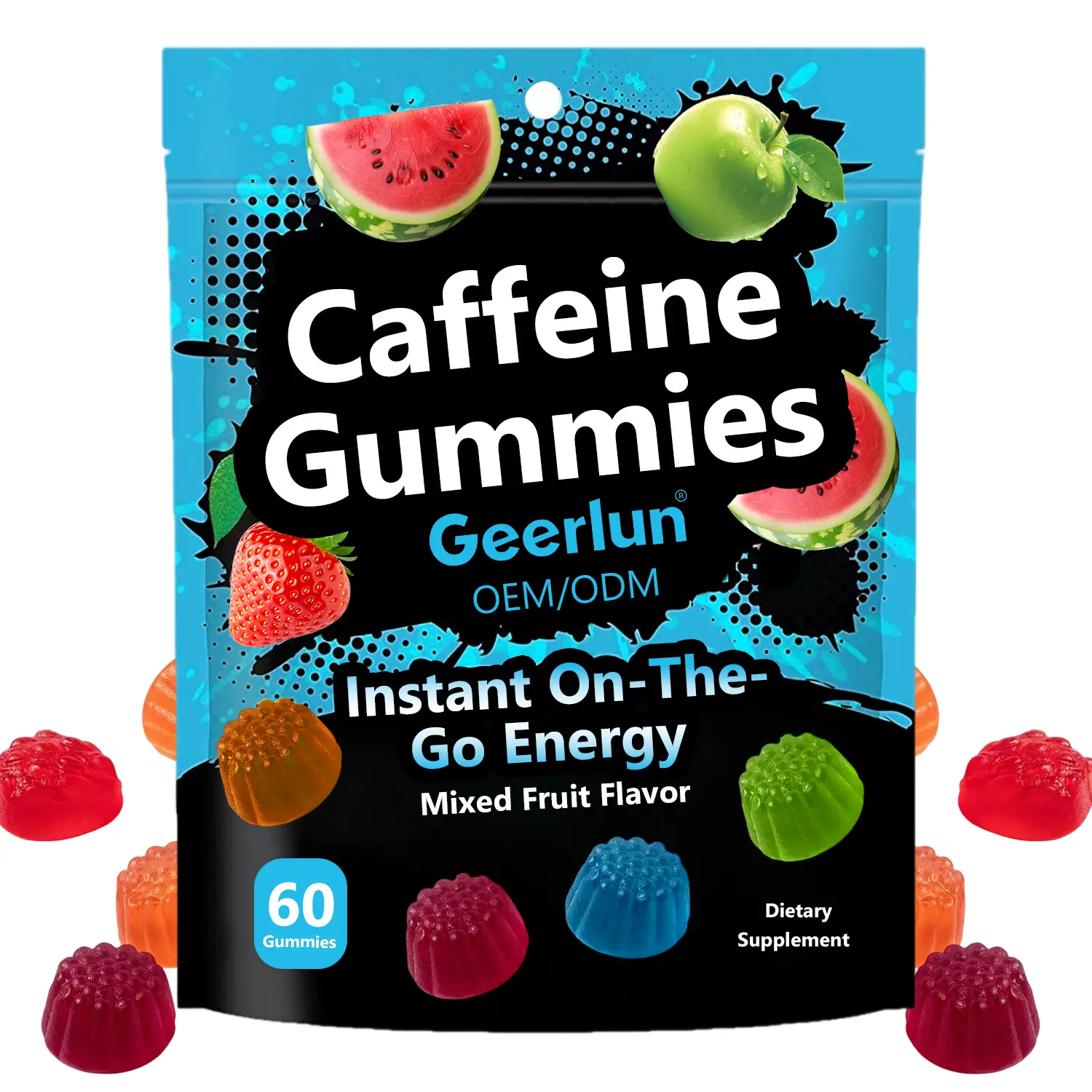 Geerlun OEM caffeine gummies 60 count resealable pouch, mixed fruit flavor, instant on-the-go energy dietary supplement, cyan and black packaging with fruit graphics..png