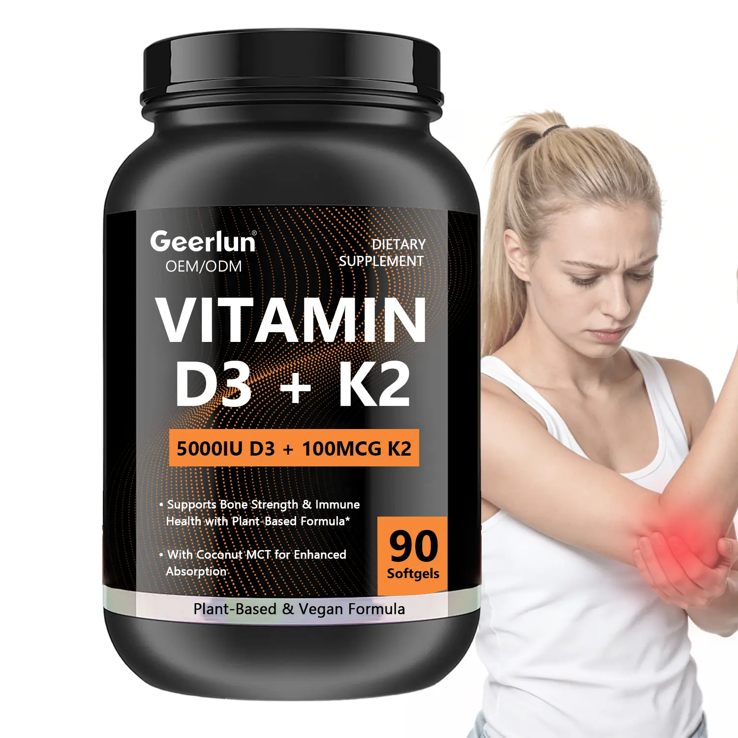 Female model holding elbow with pain, private label vitamin D3 K2 supplement bottle beside her, 5000IU D3 plus K2 supports bone strength and joint health..png